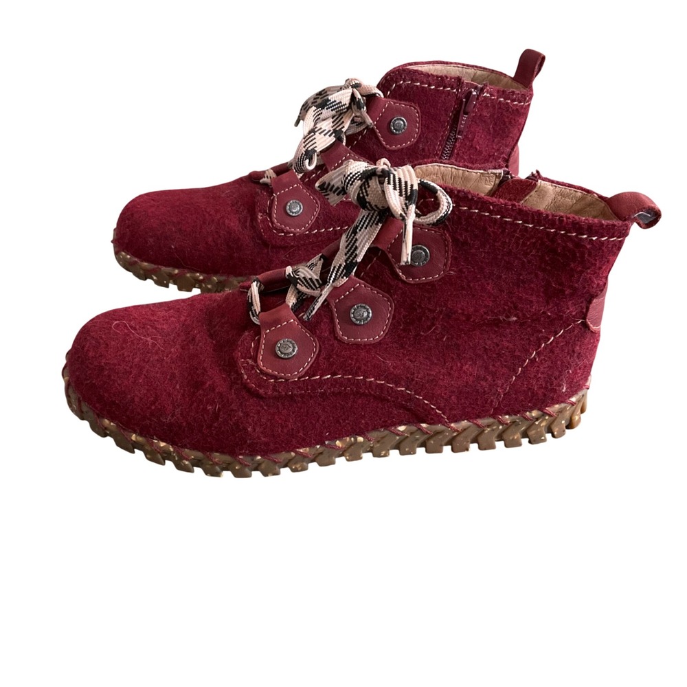 Biza Wynter Ankle Boots Women 39 Burgundy Boiled Wool Plaid Lace Up Side Zip